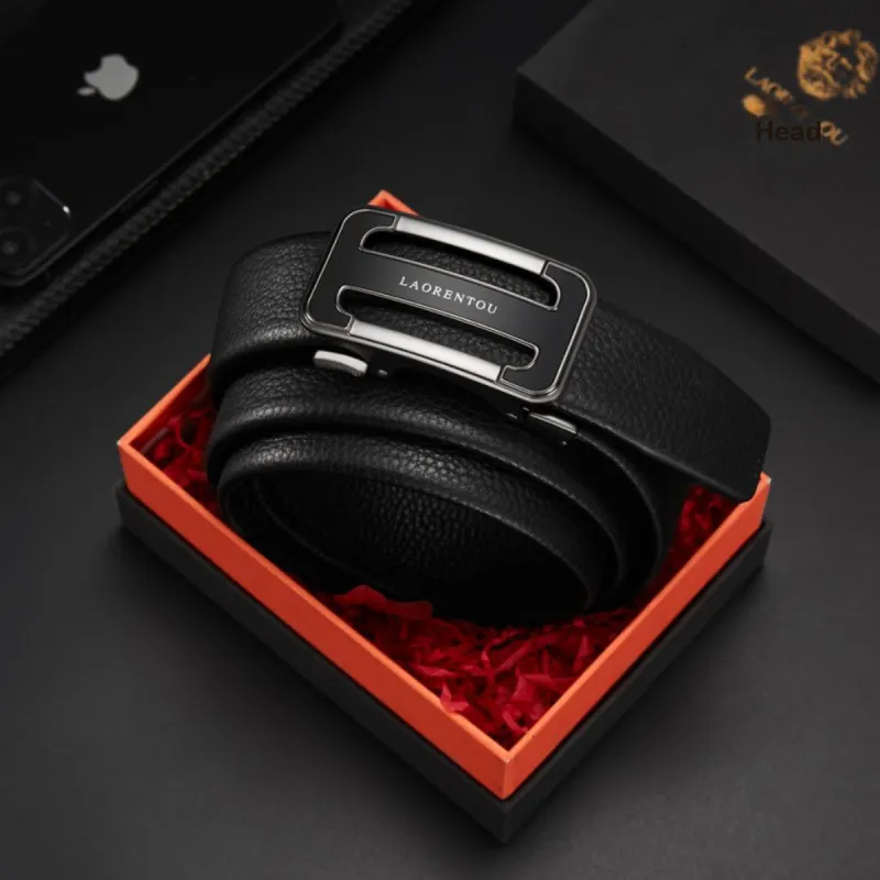 Old Man's Head Automatic Buckle With Textured Grain Cow Leather Leather Belts Men's Black-2