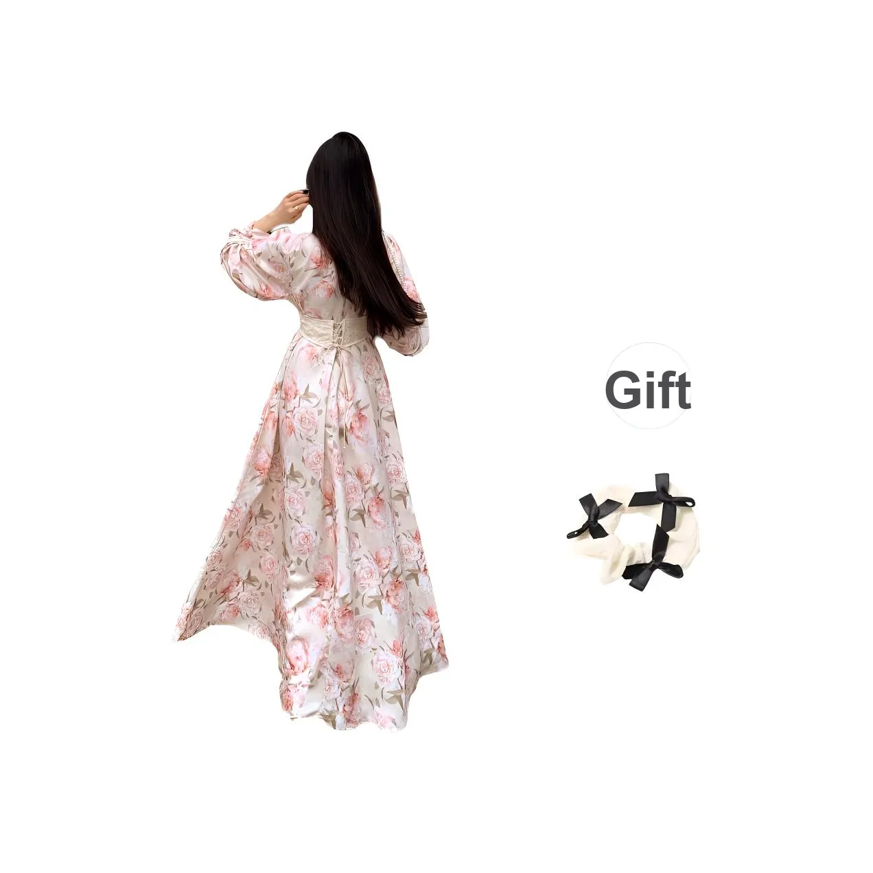 TURN UP Long Sleeved Dress Women's Pink Bowknot Hair Tie Comes With