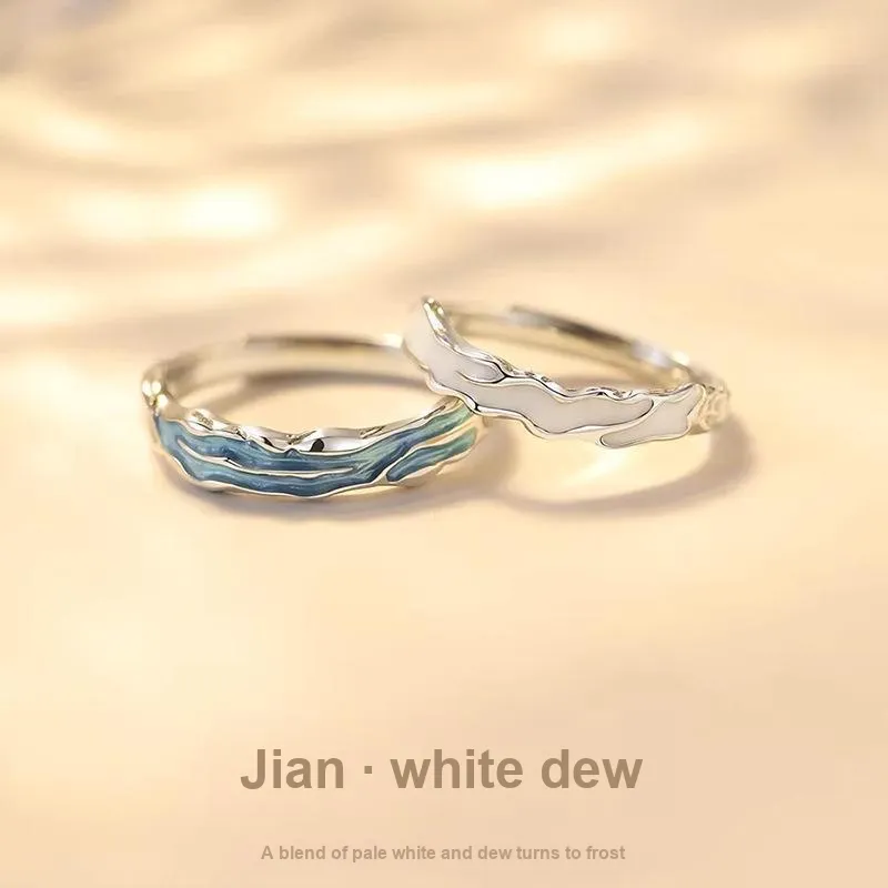 CMLZIUA S925 Sterling Silver Inlaid Enamel Craft White Dew Ring Unisex-1