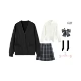 Black Cardigan+White Long Skirt with Cinched Waist+Dark Night Killer Short Skirt, Comes with Bow Ties+Calf Socks+Hanger