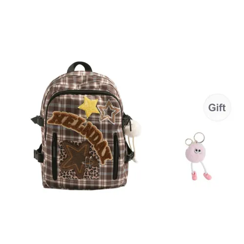 URBAN FOREST Nylon Fabric Backpack Regular Unisex Brown Plaid/Red Plaid/Leopard Print