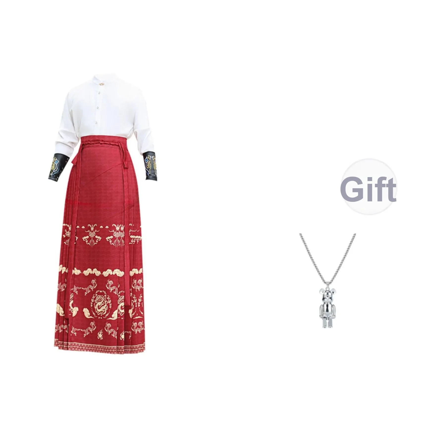 TUCANO Белый Красный Топ+Китайская Юбка с Узором "Конское Лицо" Мужские Костюмы в Стиле Тан