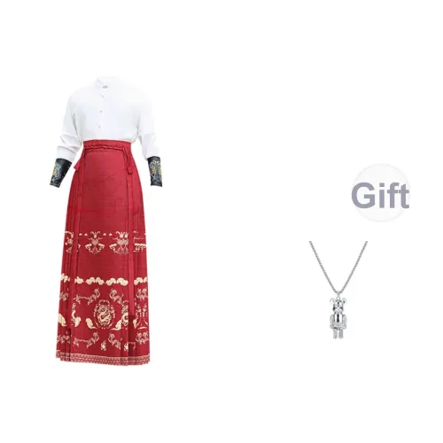 TUCANO Белый Красный Топ+Китайская Юбка с Узором "Конское Лицо" Мужские Костюмы в Стиле Тан