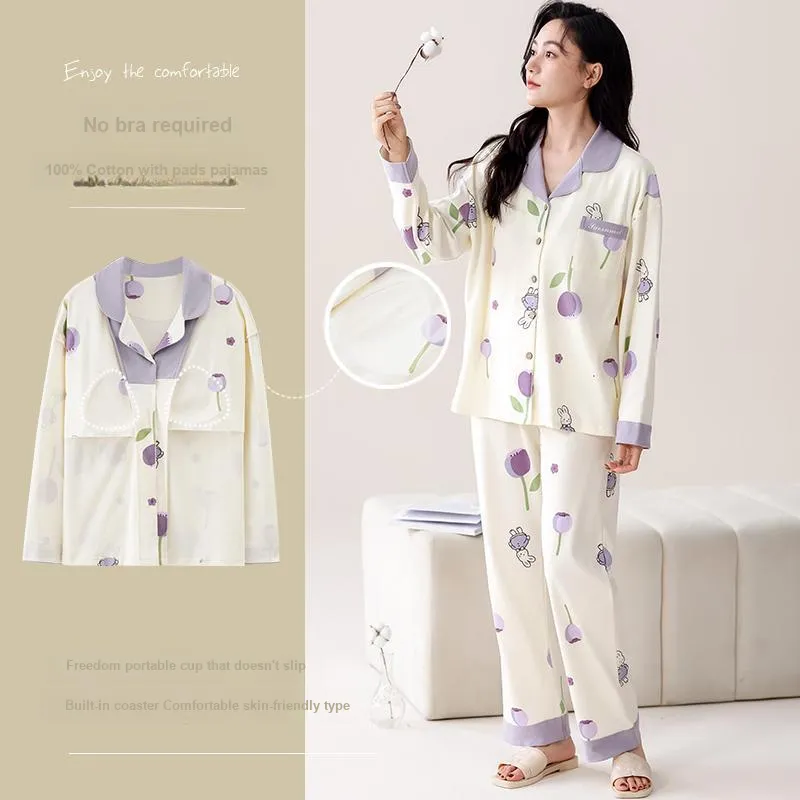 Pretty Lady Pajama Set Women's Beige White Purple Bunny-2