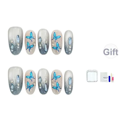 JINGCHANXUE [Dream Морской синий Butterfly] Ocean Positioning Style Butterfly False Nail Oval Кожа Flattering Gradient Cat Eye 16mm