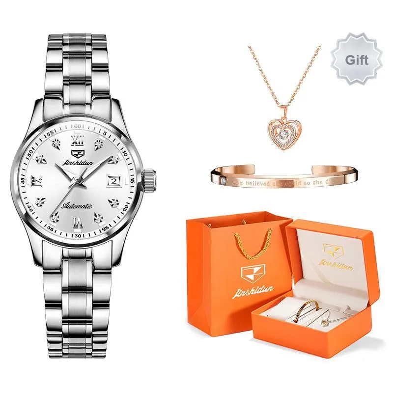 Jin Shi Dun Smart Series Mechanical Movement Stainless Steel Watchband Watch Women's Watch White Dial-5
