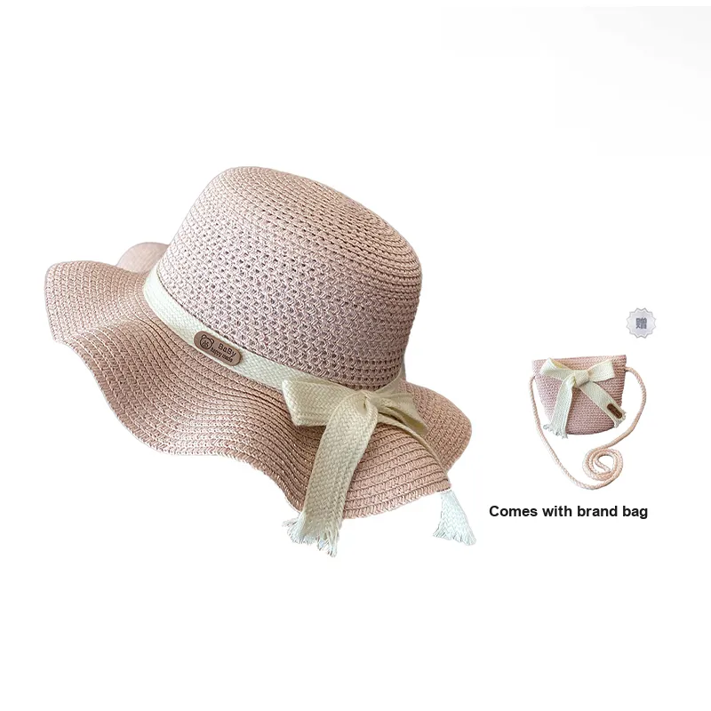 AAJF Paper Made From Straw Sun Protection Straw Hat Bag Set For Girls Princess Beach Girl Sun Bucket Hat Kids'-4