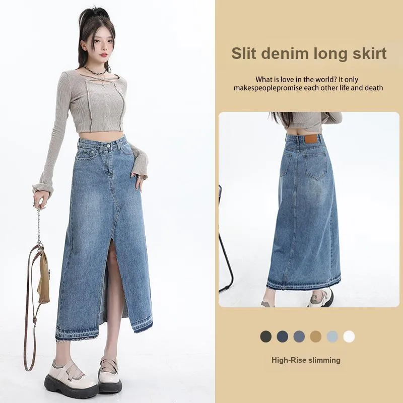 FAWENXIANGZI Denim Long Skirt Women's Vintage Blue-4