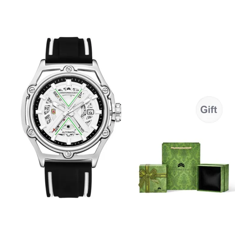 Corriberty Mechanical Movement Silicone Strap Watch Men's Watches White Dial-1