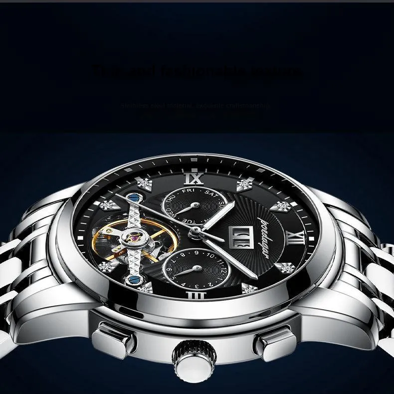 POEDAGAR Mechanical Movement Stainless Steel Watchband Men's Watches Black Dial-6