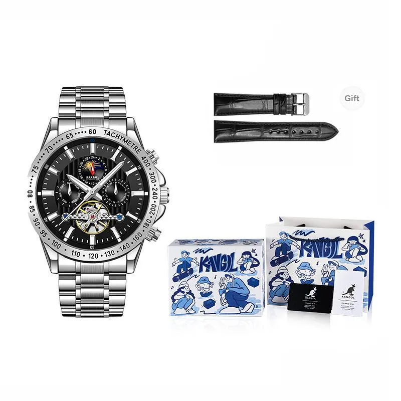 KANGOL Interstellar Series Automatic Mechanical Movement Stainless Steel Strap Watch Men's Watches Black Dial-5