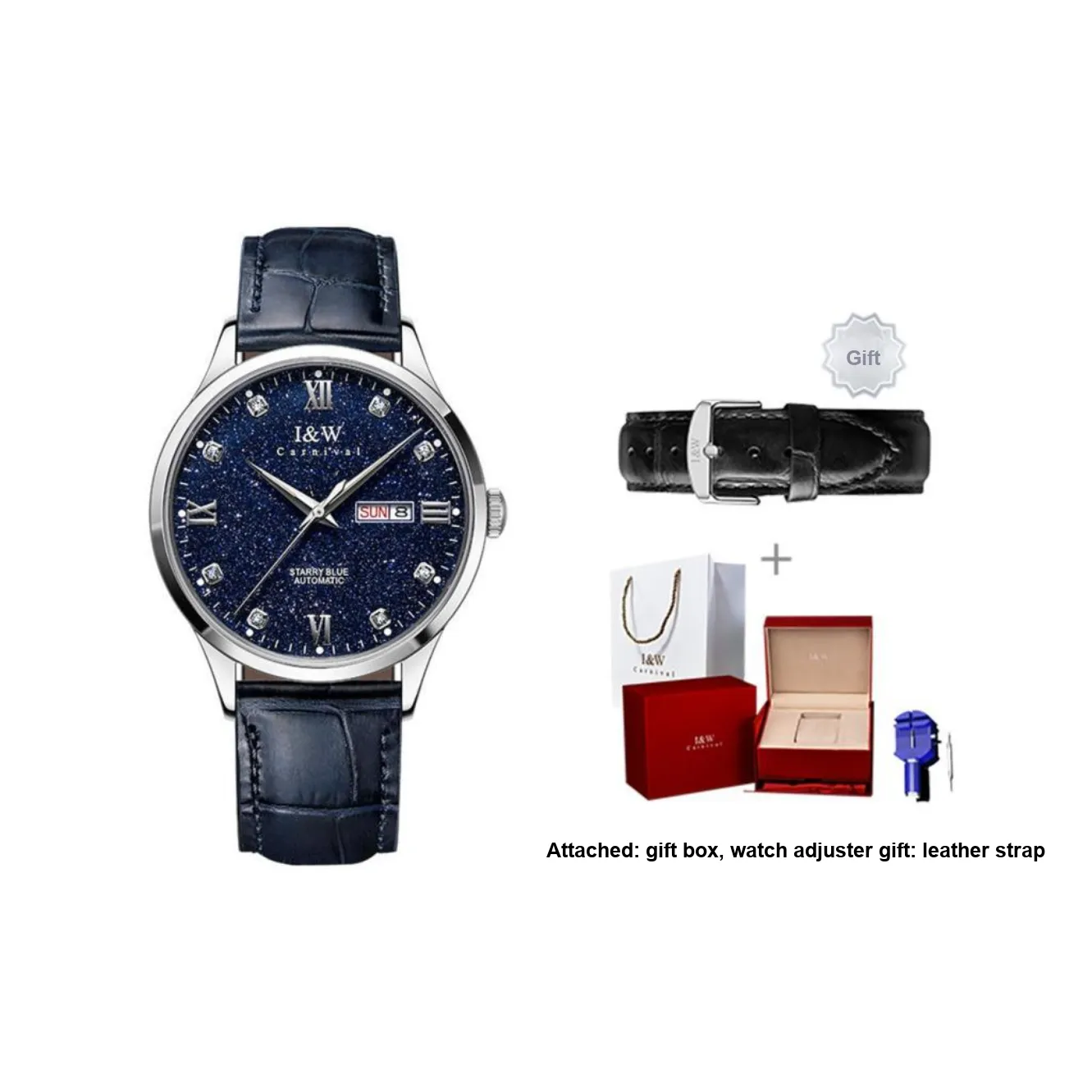 I&W CARNIVAL HWGUOJI Automatic Mechanical Movement Cowhide Strap Watch Men's Watches Blue Dial