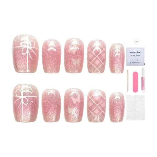 Yun Yue Joe Барби розовый Кампус Soft Brightening Ручной рисунок Бант False Nail Короткий Лестница Кошачий глаз Бант Клетчатый 14мм