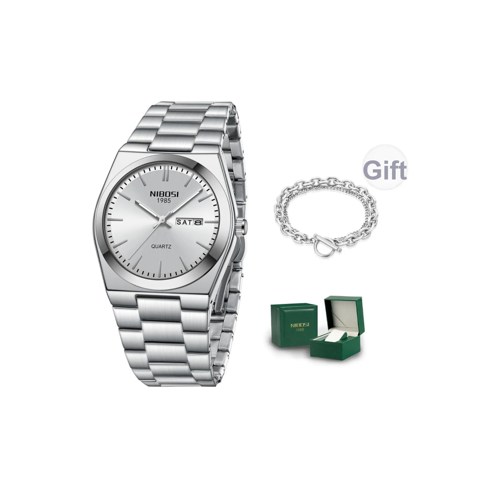 NIBOSI 1985 Кварцевый механизм ремешок из нержавеющей стали мужские часы белый циферблат