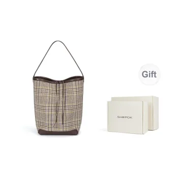 SHEPOK Cow Leather Bucket Bags Handbags Shoulder Bags Women's Wool Brown Plaid/Black Plaid