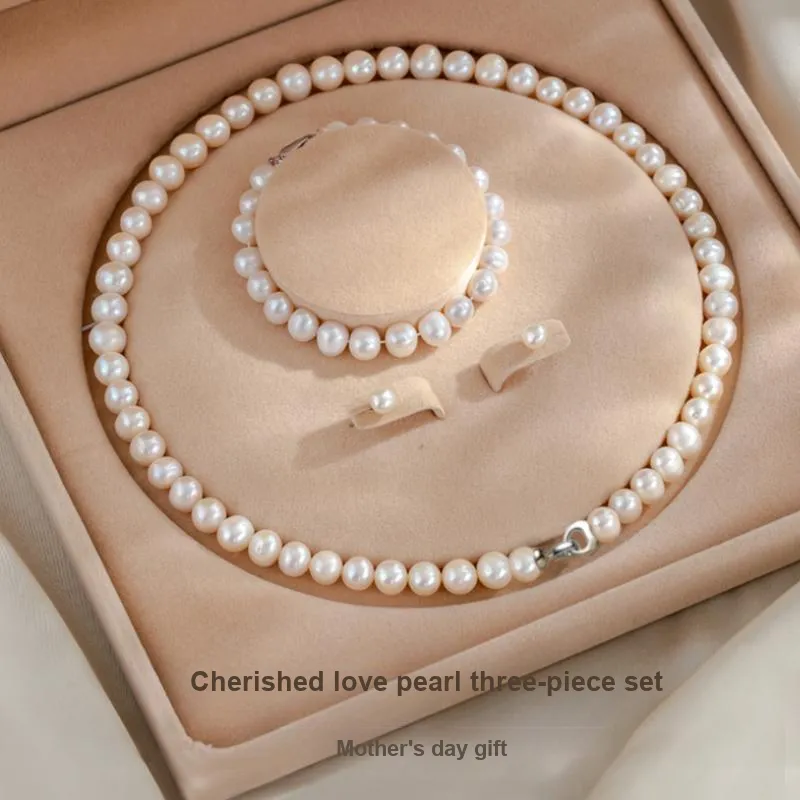 Beth Jewelry Freshwater Pearl Necklace Stud Earrings And Bracelet Set Women's-1