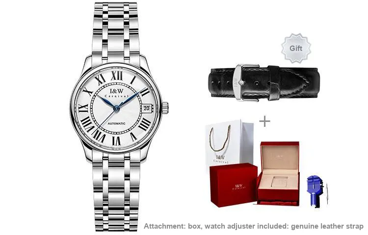 I&W CARNIVAL HWGUOJI Automatic Mechanical Movement Stainless Steel Watchband Watch Unisex White Dial-4