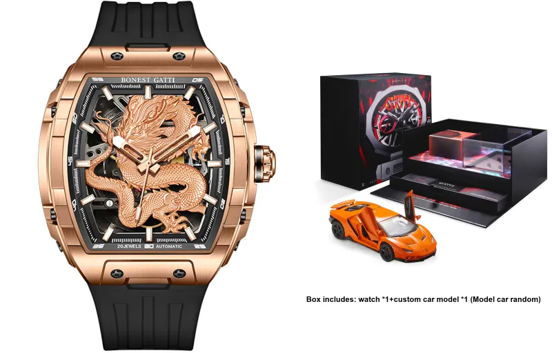 BONEST GATTI Automatic Mechanical Movement Rubber Strap Men's Watches Cut Out Dial-45