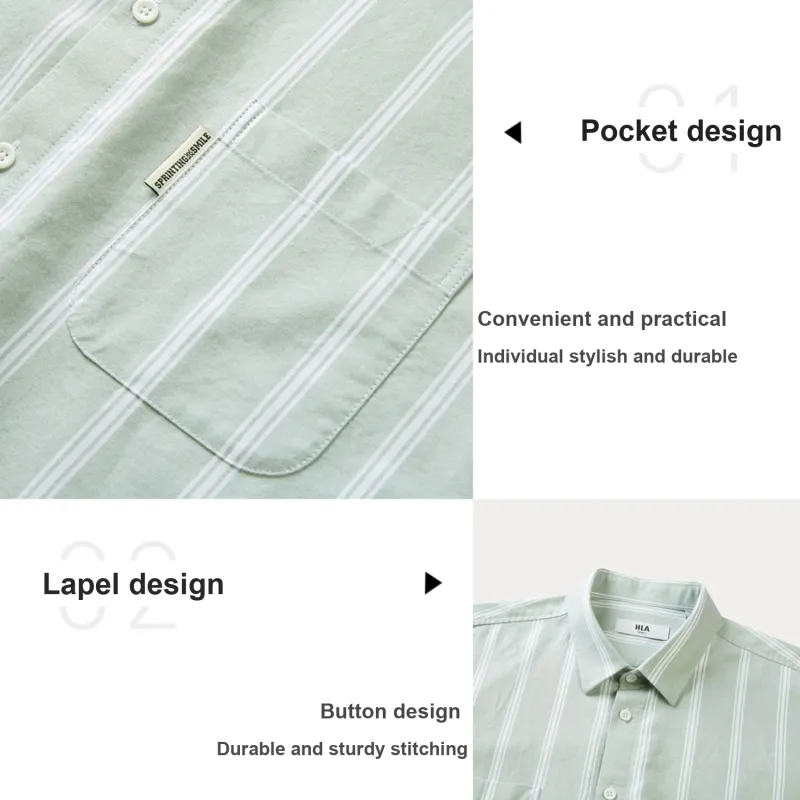 HLA Shirts Men Oxford Green Gray Stripes 09-3