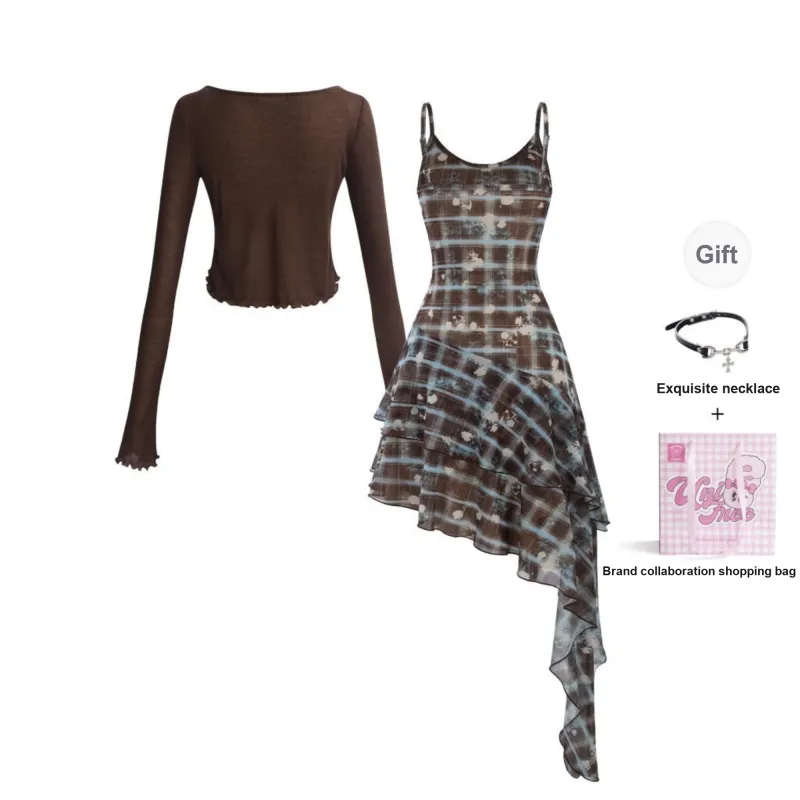 UNIFREE Slip Dress Women's Dark Red Plaid-10