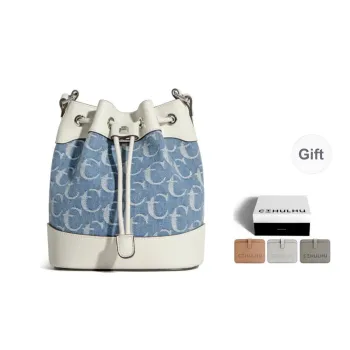 Cthulhu Cow Leather Inspiration Collection Niche Drawstring Bucket Bag Medium Size Women's Denim Blue