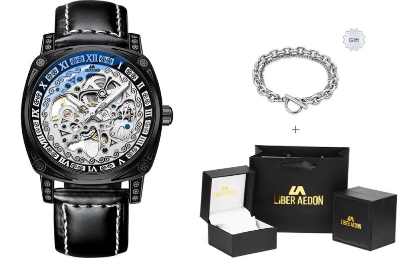 LIBER AEDON Automatic Mechanical Movement Genuine Leather Strap Black Dial Men's Watches-16