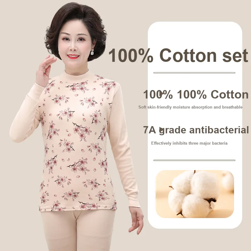 Cotton Gene Thermal Set Women's Apricot Peach Blossom-2