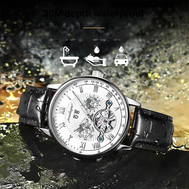 POEDAGAR Automatic Mechanical Movement Leather Strap Watch Men's Watches Gold Dial-33