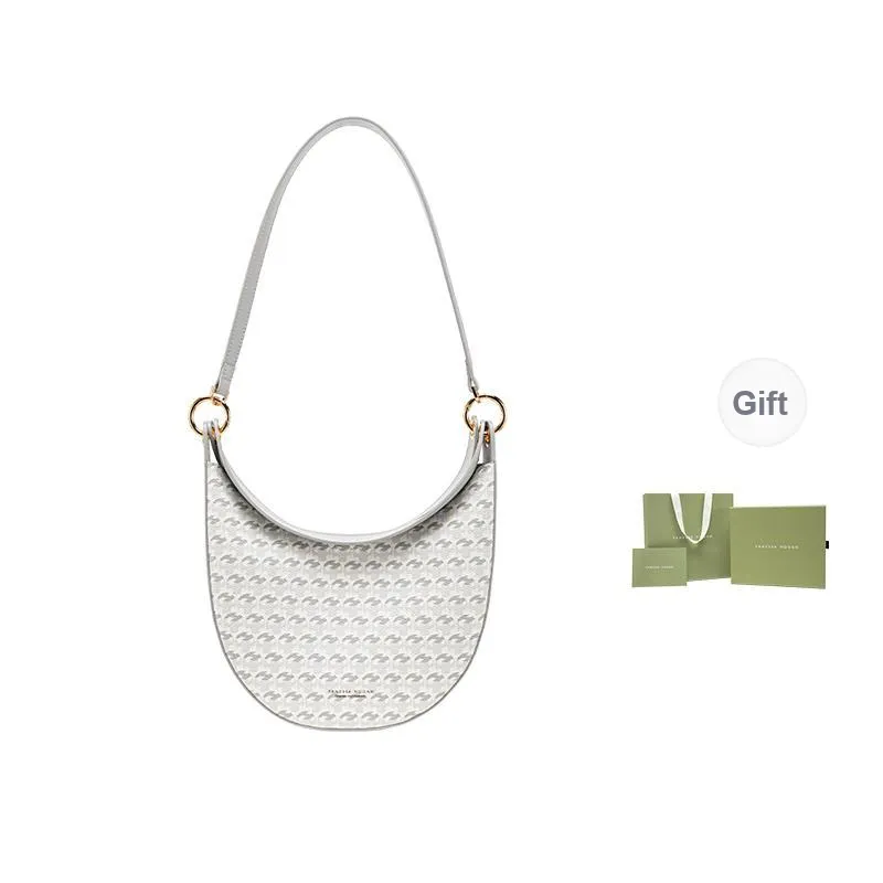 VANESSA HOGAN Monogram Cow Leather Crescent Bag Crossbody Bag Shoulder Bag Medium Size Women's Brown/Gray-5