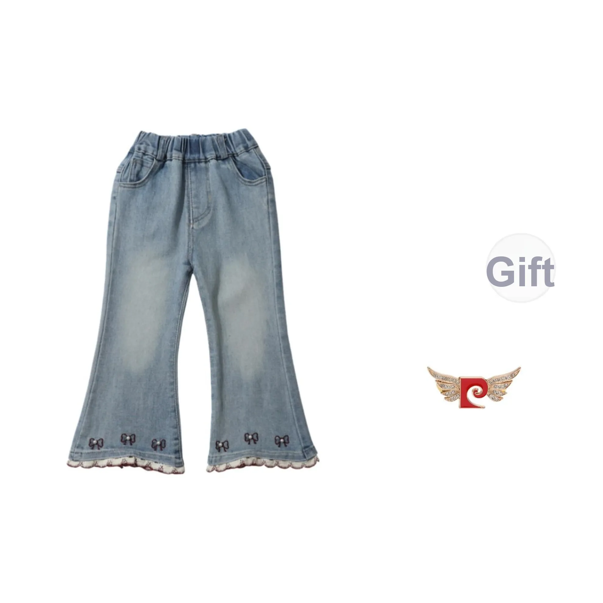 PIERRE CARDIN Девушка Расклешенные Весенние Осенние Детский CHIC Длинные Брюки Весенний Комплект Девушка Универсальный Вышивка Кружево Отделка