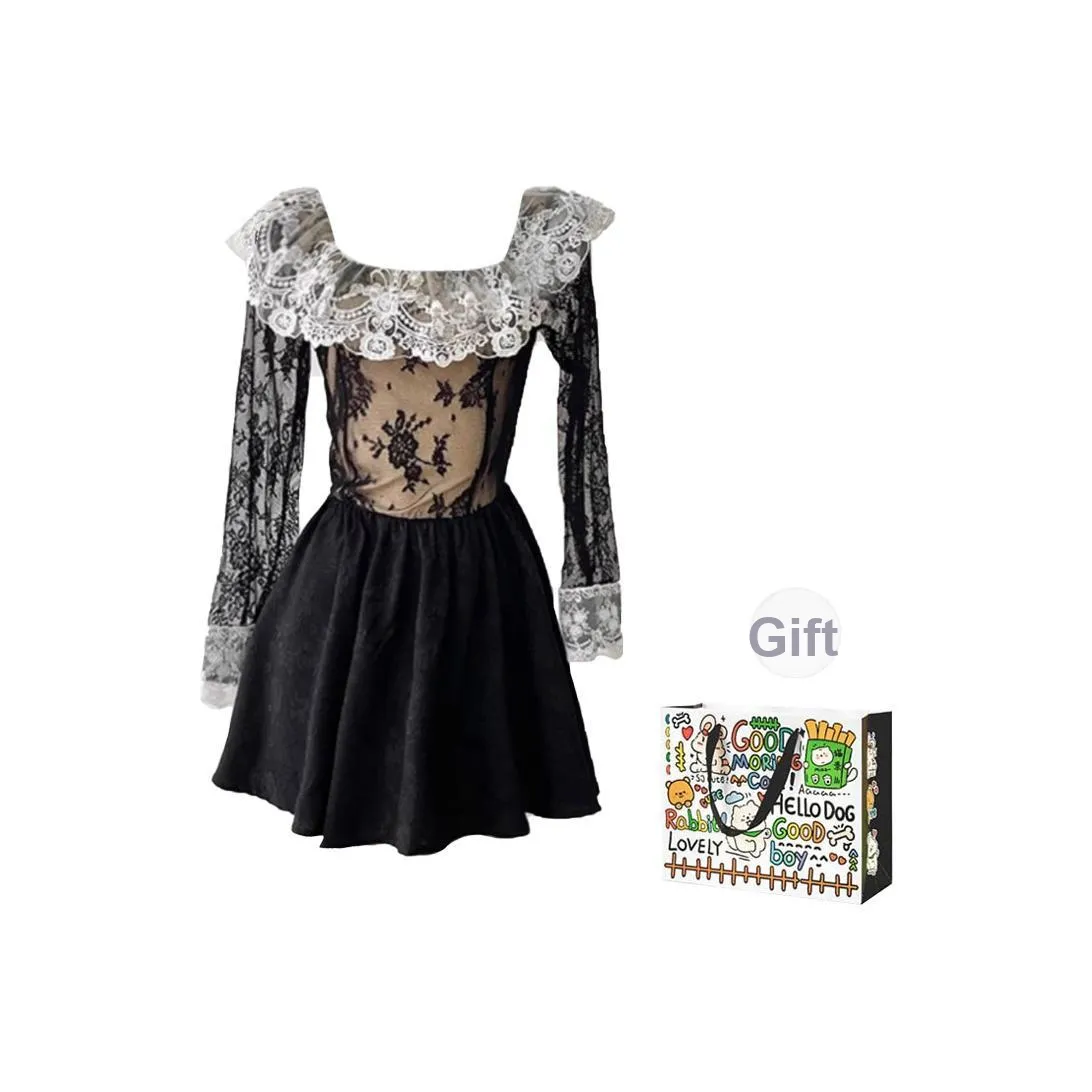 OURUOKE Длинное платье с длинными рукавами женское черная сумка для покупок включена