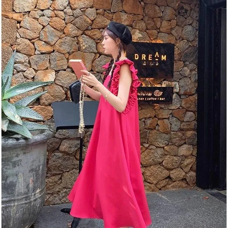 DOKZB Sleeveless Dresses Women's Rose Red-4