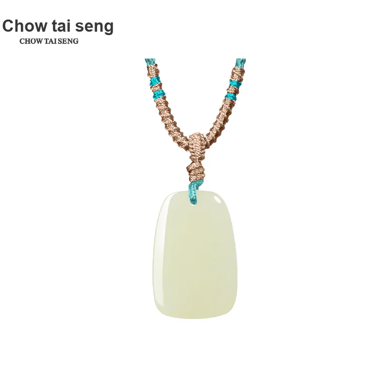 CHOW TAI SENG Hetian Jade Necklace Pendant, Everyday Travel Peaceful Versatile Style Pale Greenish White Jade Unisex-6
