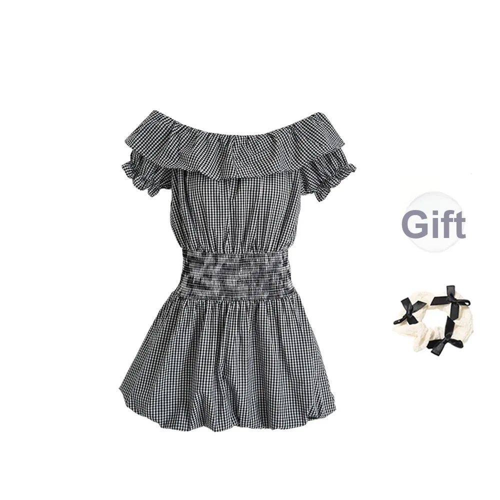 TORIGHT Short Sleeved Dress Women's Plaid+Bowknot Hair Tie Comes With