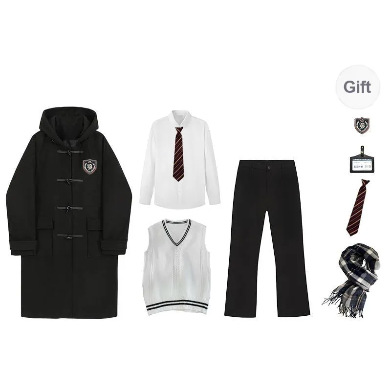 YuChaJia Uniforms Men Long Ox Horn Button Coat Set Coat+Shirt+Vest+Suit Pants-0