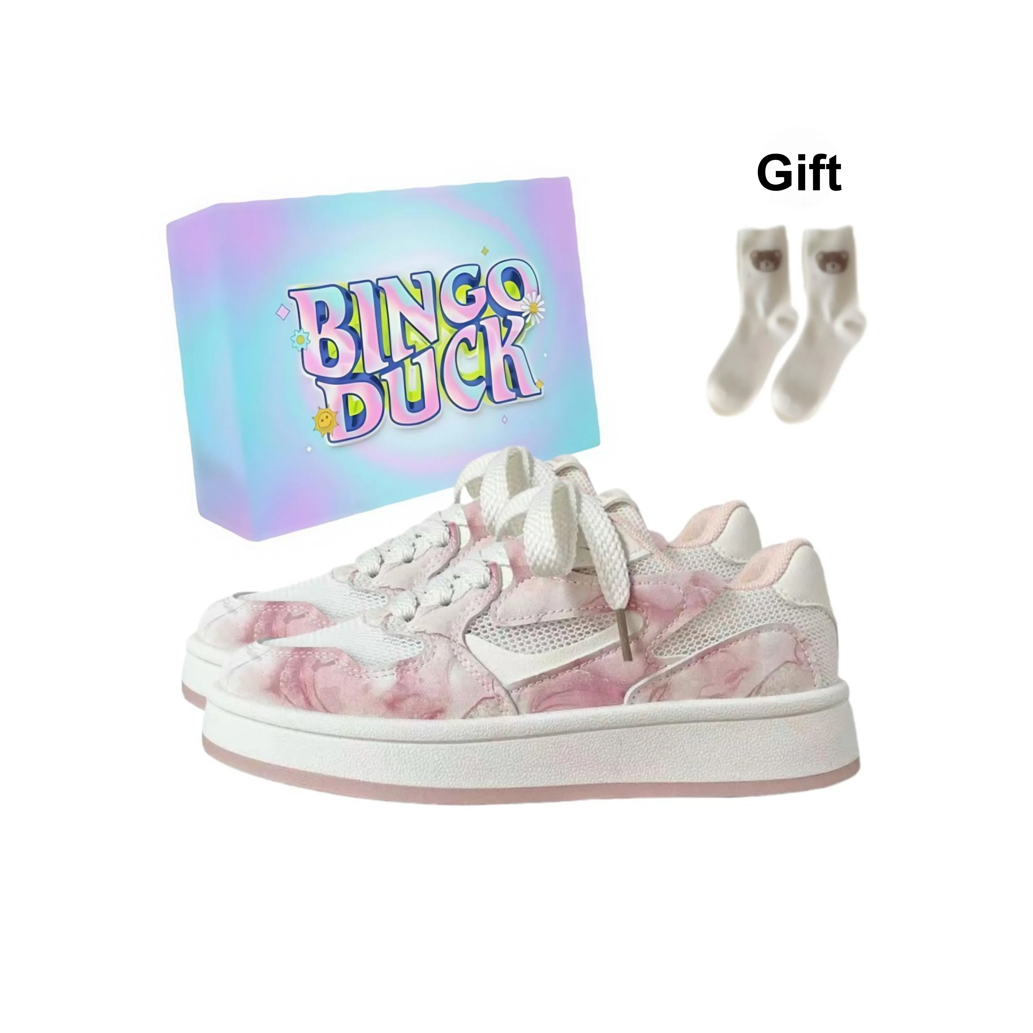 BINGO DUCK Skateboard Shoes Women's Low Top White Pink