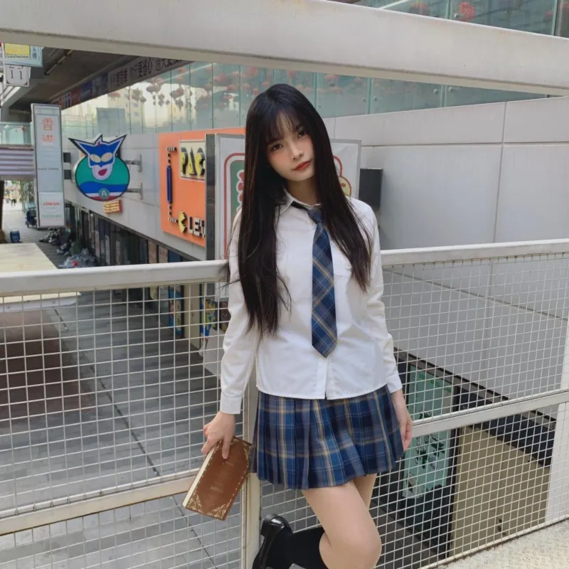 Ice cream and whale Uniforms Women's Jingsiyue Shirt+Misty Whale Checkered Skirt, Comes With A Bow Tie+Skirt Clip+School Emblem-4