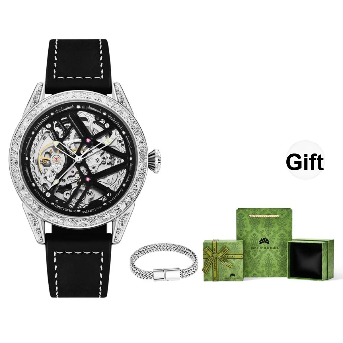 Corriberty Mechanical Movement Leather Strap Watch Men's Watches Cut Out Dial
