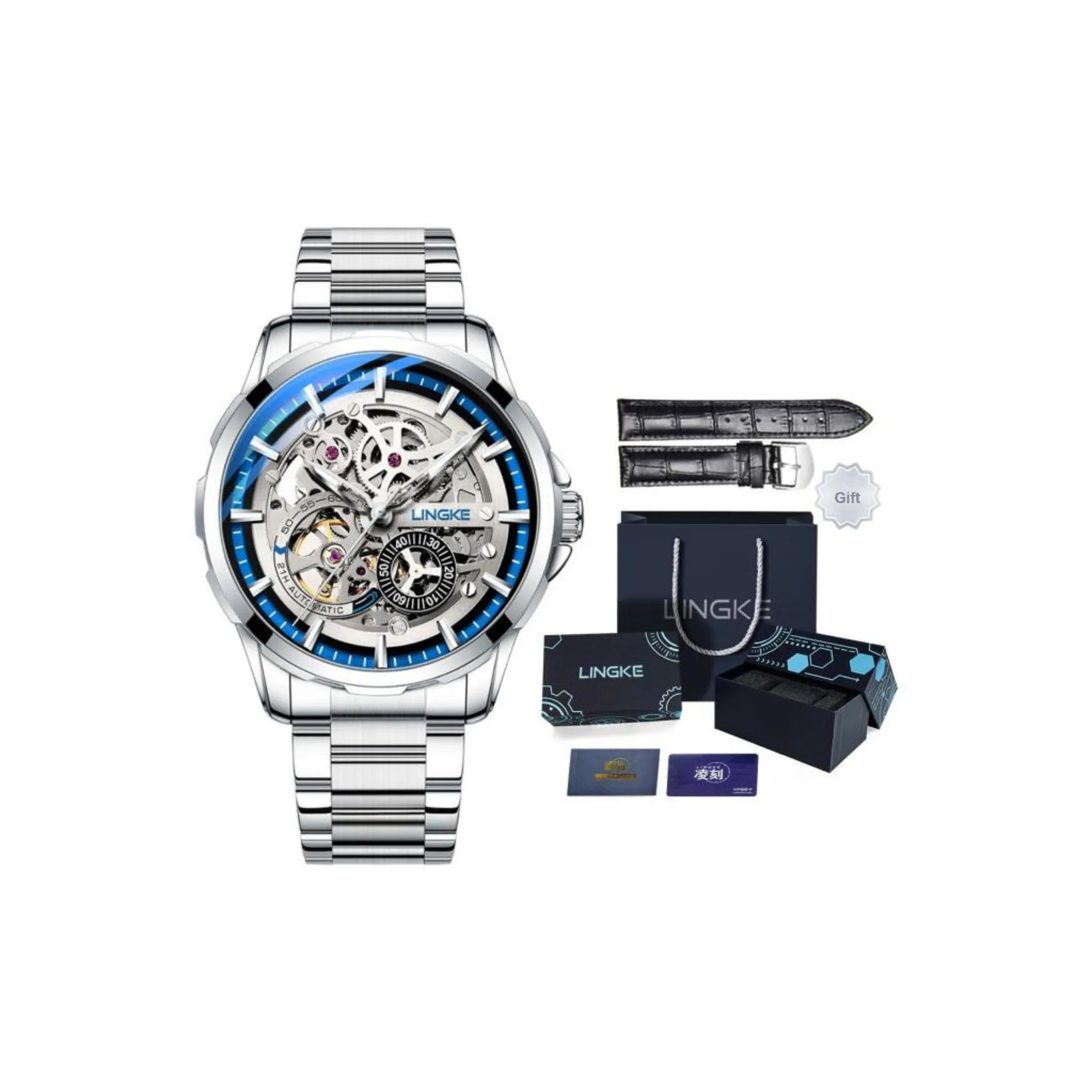 LINGKE Automatic Mechanical Movement Stainless Steel Watchband Watch Men's Watches Blue Dial