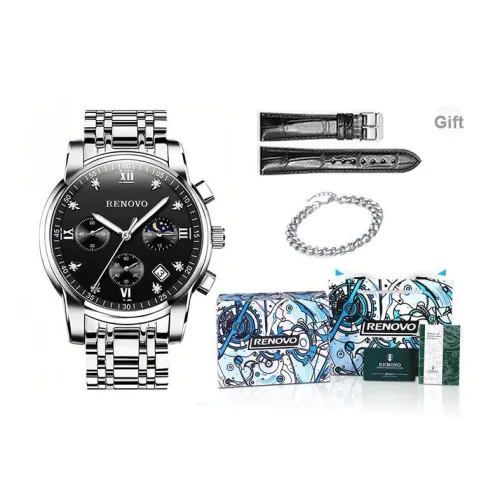 RENOVO Кварцевый механизм ремешок из нержавеющей стали черный циферблат мужские часы