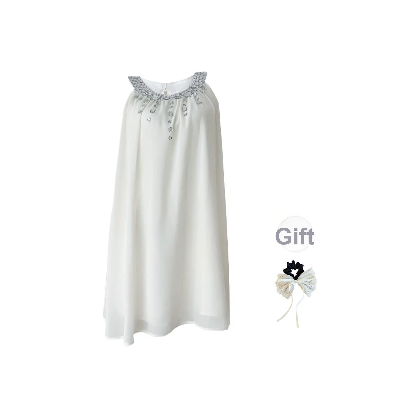TUSHIFEI Sleeveless Dresses Women's Acrylic White+Hair Tie Comes With