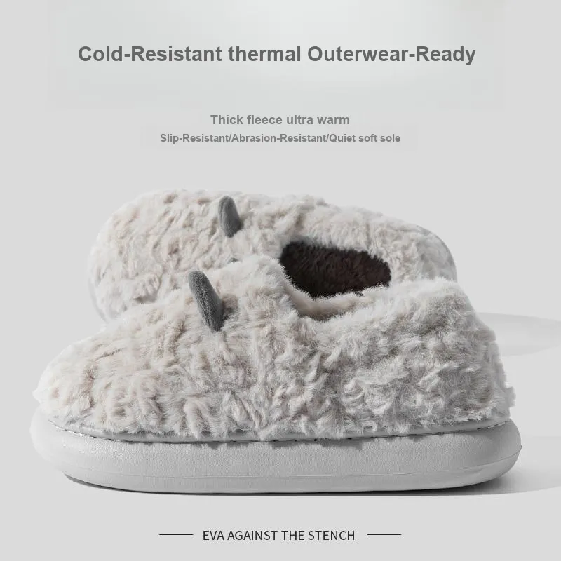 Foot Recreation 3D Effect Small Ears Solid Color Fleece Slippers Winter Home Indoor Warm Cotton Home Slippers Unisex-29