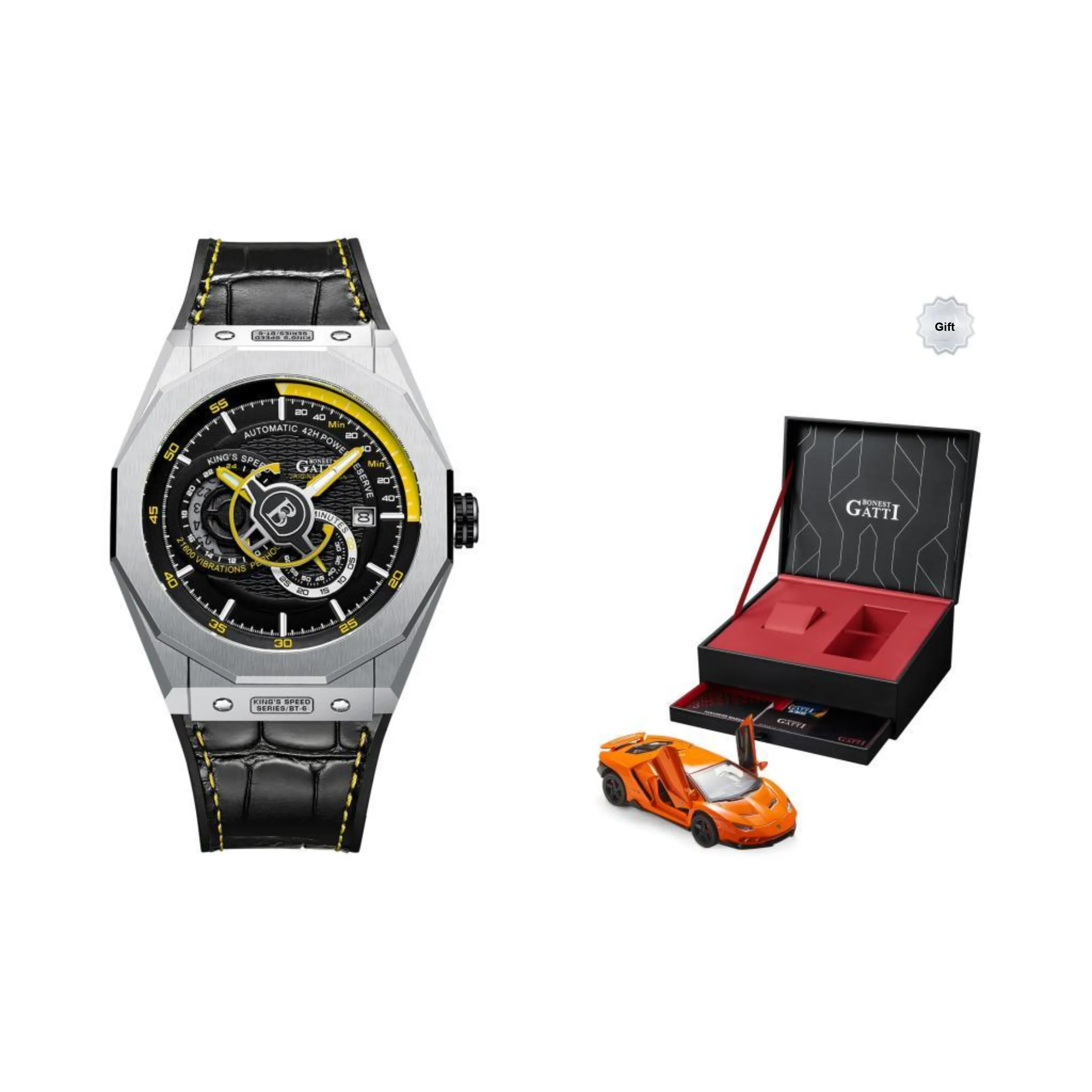 BONEST GATTI King Speed Automatic Mechanical Movement Rubber Strap Watch Men's Watches Black Dial