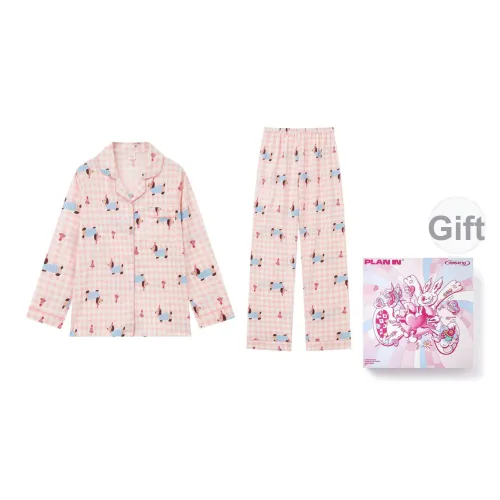 PLAN IN Pink Plaid Puppy Unisex Pajama Sets PLAN IN Розовый Клетчатый Щенок Унисекс Пижамные Комплекты