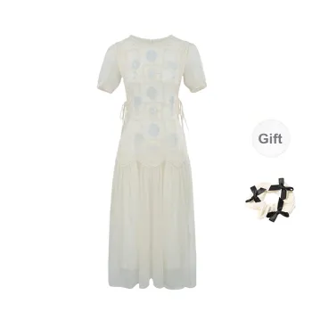TORIGHT Short Sleeved Dress Women's Apricot+Bowknot Hair Tie Comes With