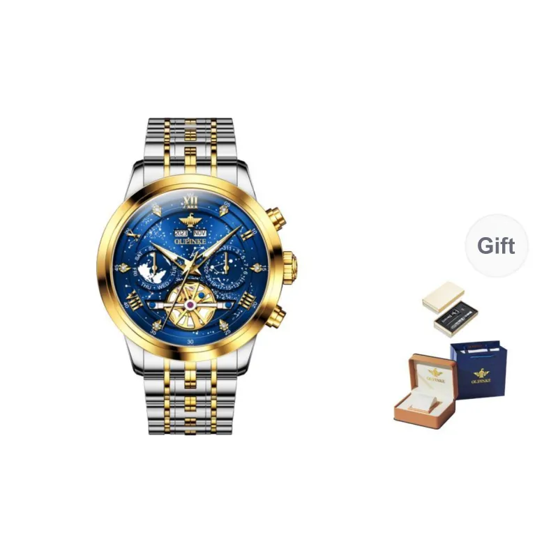 Oupinke Automatic Mechanical Movement Stainless Steel Watchband Watch Men's Watches Blue Dial-22