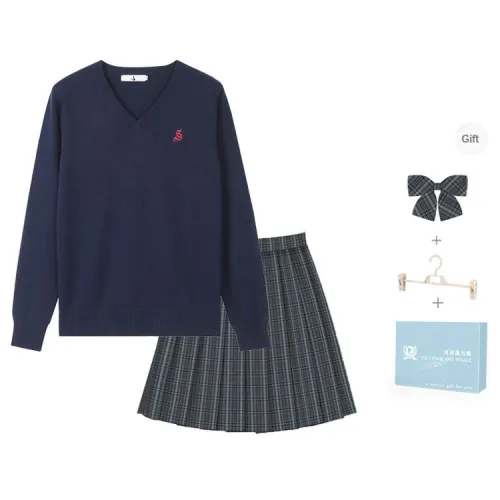 Ice Cream And Whale Uniforms Women's Dark Blue Pullover Sweater+Lulan River Plaid Skirt Comes With A Free Bow Tie