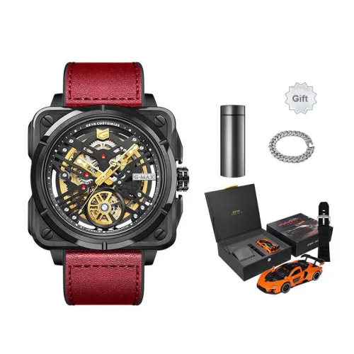 GEYA G MAX Engine Collection Automatic Mechanical Movement Genuine Leather Strap Watch Men's Watches Cut Out Dial
