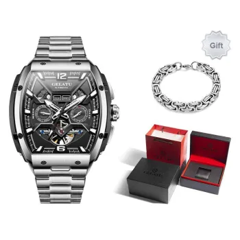 GELATU Mechanical Movement Stainless Steel Watchband Watch Men's Watches Black Dial