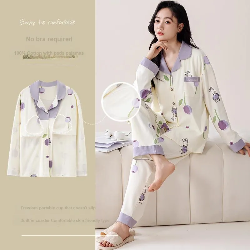 Pretty Lady Pajama Set Women's Beige White Purple Bunny-4